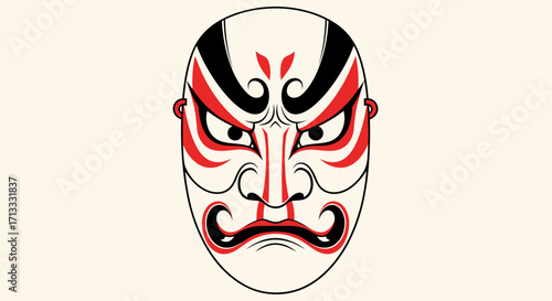 Striking Kabuki Mask Illustration Depicting Japanese Traditional Performing Arts and Cultural Heritage for Stage Performances and Theatrical Presentations