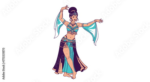 Exotic Belly Dancer Illustration in Turquoise and Purple, Suitable for Cultural Performances, Themed Events, and Dance Education Materials