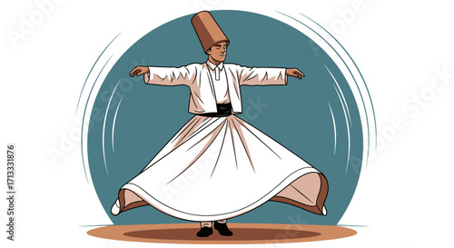 Whirling Dervish Illustration Depicting Sufi Spiritual Practice and Cultural Heritage for Educational Materials and Promoting Cultural Understanding
