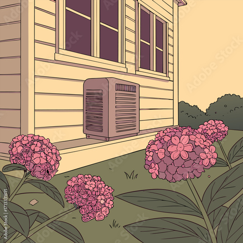 Residential building facade with pink hydrangeas and AC unit
