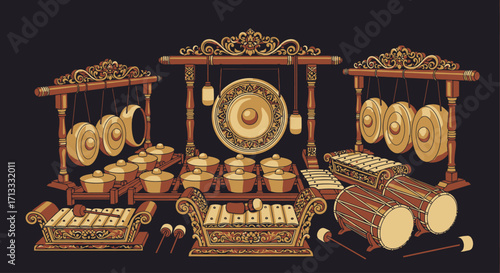 Detailed Illustration of Gamelan Ensemble for Cultural Heritage, Music Education, and Traditional Performance Documentation