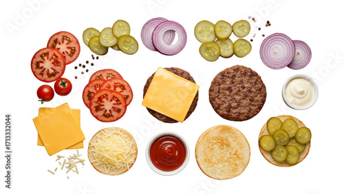 Overhead view of burger ingredients including tomato, cheese, patty, pickles, onion and condiments