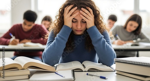 Overwhelmed female student experiencing stress during intense exam preparation in a classroom. Represents burnout, mental health challenges, and academic pressure.