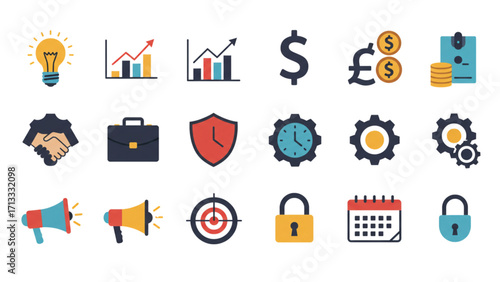 Illustration showcasing business and finance icons including idea generation and market growth analysis
