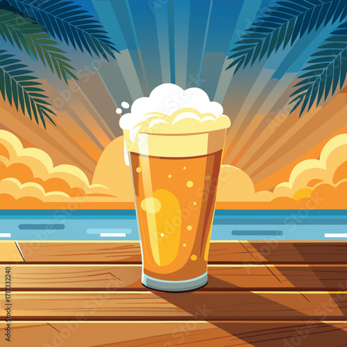 Refreshing Beer with Tropical Sunset and Palm Leaves