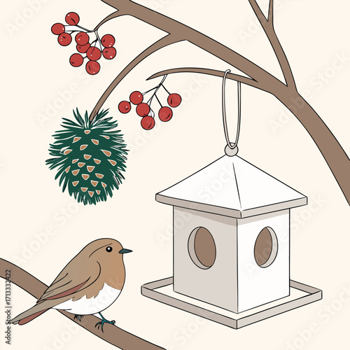 Robin bird on branch near bird feeder with berries and pine cone