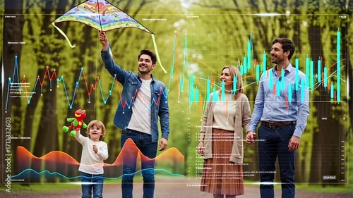 Family Flying a Kite Together on Forest Path Cheerful Outdoor Lifestyle