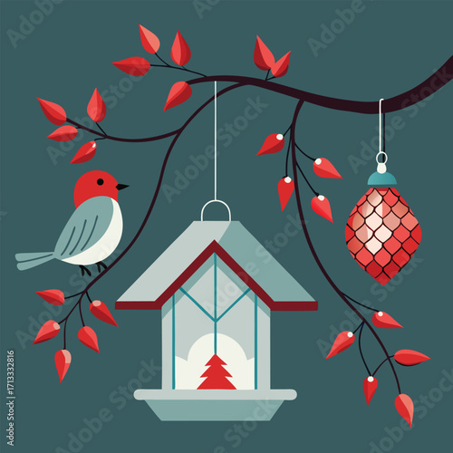 Robin on branch with bird feeder and red lantern autumn