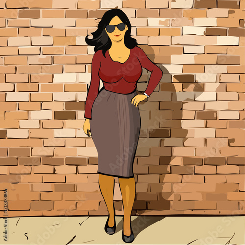 plus-size fashion blogger posing by brick wall with acrylic and marker accents