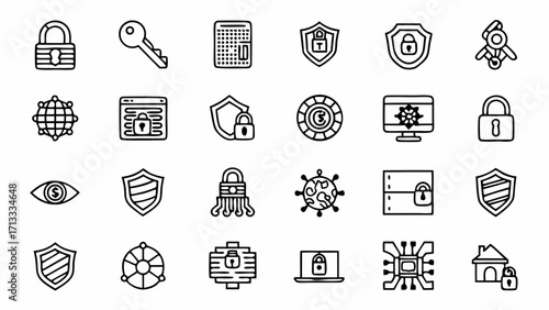 Vector art of collection of cybersecurity and data protection icons including lock, shield, key, and virus symbols generated with generative ai #8