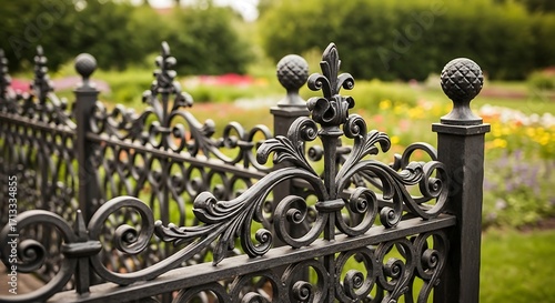 Ornate Black Iron Fence in a Lush Green Garden Setting.