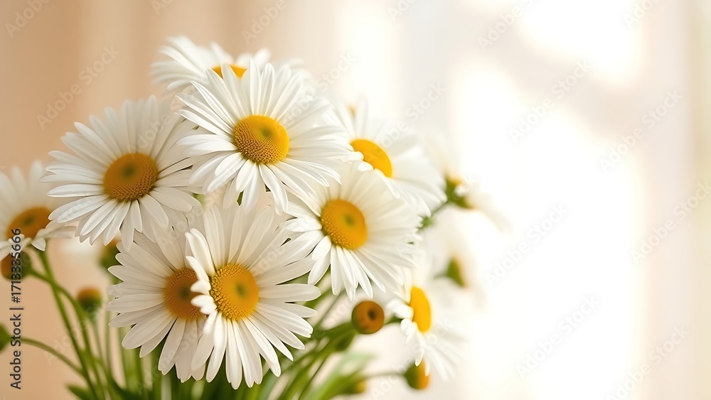 Fototapeta premium A fresh daisy bouquet basks in sunlight, with delicate blooms against a soft focus background.