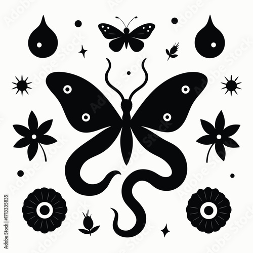 Black Butterfly and Celestial Elements Illustration