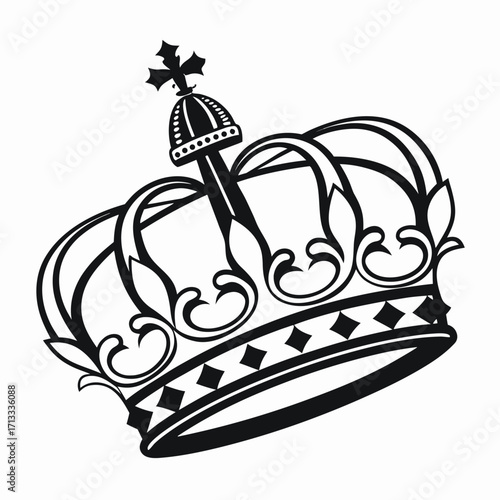 Black and white drawing of a royal crown with a cross, featuring decorative scrollwork and diamond patterns
