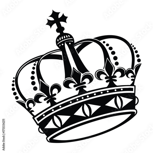 Black and white graphic of a regal crown with a cross finial and fleur-de-lis motifs on a white background