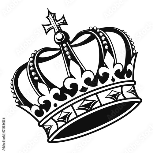 Black and white graphic of a regal crown with intricate scrollwork and fleur-de-lis motifs on a white background