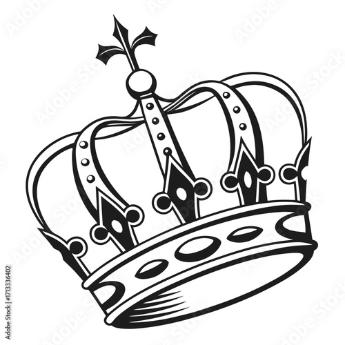 Black and white graphic of a regal crown with oval embellishments on its band and a pointed finial on a white background