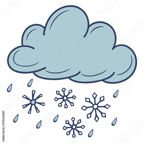 Cartoon cloud with falling snow and raindrops snowflake