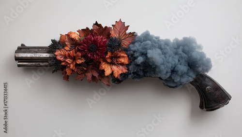 A vintage firearm adorned with autumnal flowers and leaves, enveloped in a cloud of smoke