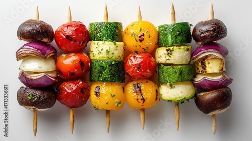 Fototapeta Naklejka Na Ścianę i Meble -  Grilled vegetable skewers close-up on a white surface, colorful and appetizing