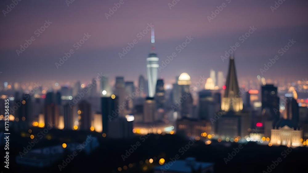 Fototapeta premium A vibrant city skyline illuminated by glowing lights against a softly blurred night backdrop.