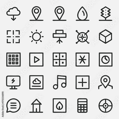 Collection Of Outline Icons On Light Gray Background