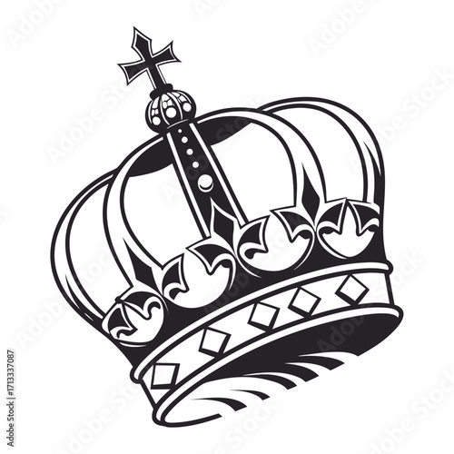Black and white regal crown with fleur-de-lis and diamond accents on white background royal king