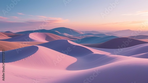 Photorealistic wide landscape of undulating sand dunes with vertical striated patterns in vibrant magenta, purple, blue, and orange hues against a gradient sunset to indigo sky