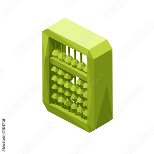 Isometric illustration of a traditional green abacus, a classic counting tool for mathematics and education, presented in a stylized low-poly design.