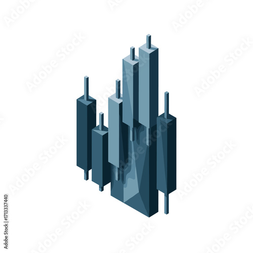 Isometric 3D blue candlestick chart illustration for financial market analysis, stock trading, and investment data visualization.