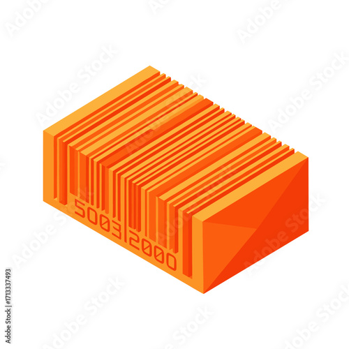 Isometric Orange Block with Barcode and Numerical Sequence 500312000, Representing Product Identification and Digital Data