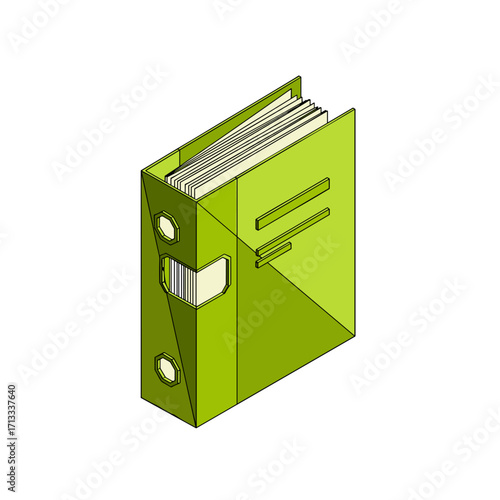 A vibrant green file binder with papers, depicted in an isometric view, symbolizing office organization and document management.