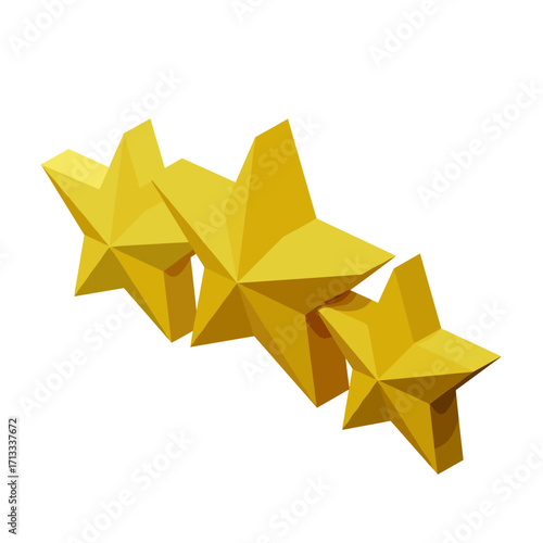 Three shiny golden 3D stars representing a top rating, achievement, or premium quality on a clean white background