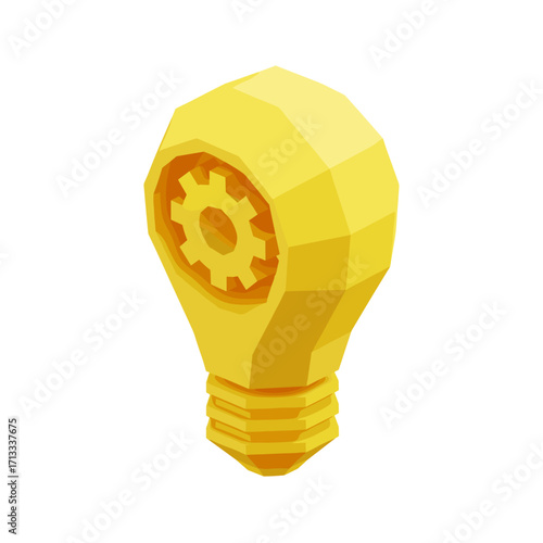 Low-poly golden light bulb with an internal gear icon, symbolizing innovative ideas, mechanical engineering, and technological development on a clean white background.