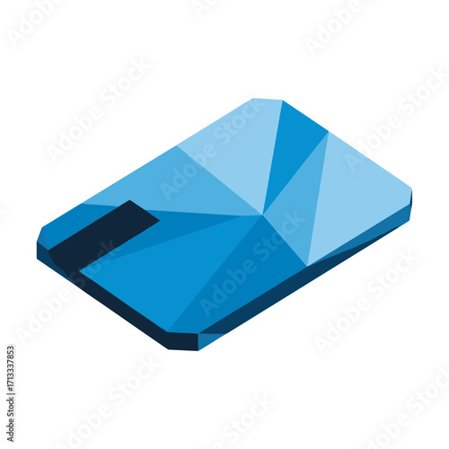 Abstract geometric blue faceted rectangular object with a dark accent, presented in an isometric view, modern low poly design element for technology and finance concepts.