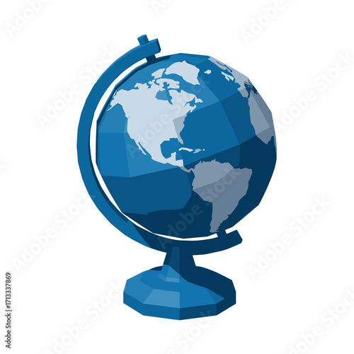 Low poly geometric blue globe representing the Earth with visible continents of North and South America on a stand, symbolizing global connection and education.