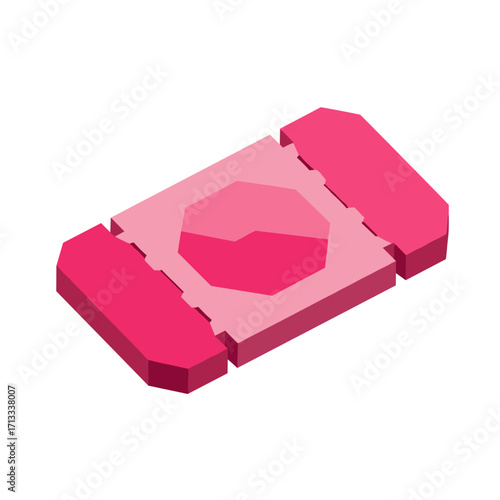 Stylized isometric pink candy bar or sweet treat with geometric design, featuring an octagonal center and side elements, isolated on a white background.