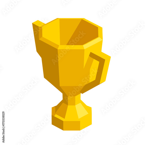 Golden geometric trophy cup award for victory and success in competition or achievement, isolated on white background.