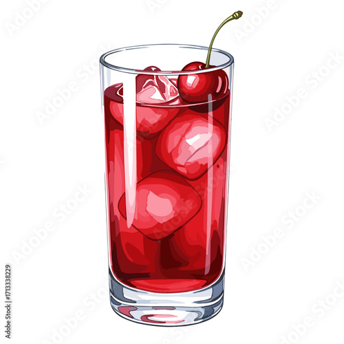 Vibrant red beverage illustration with ice cubes and a fresh cherry garnish in a tall glass, perfect for summer refreshment and drink menus
