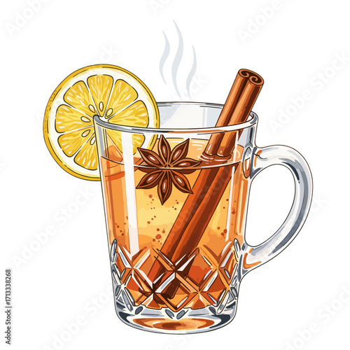 Illustration of a steaming hot drink, garnished with a lemon slice, cinnamon stick, and star anise, in a decorative glass mug.