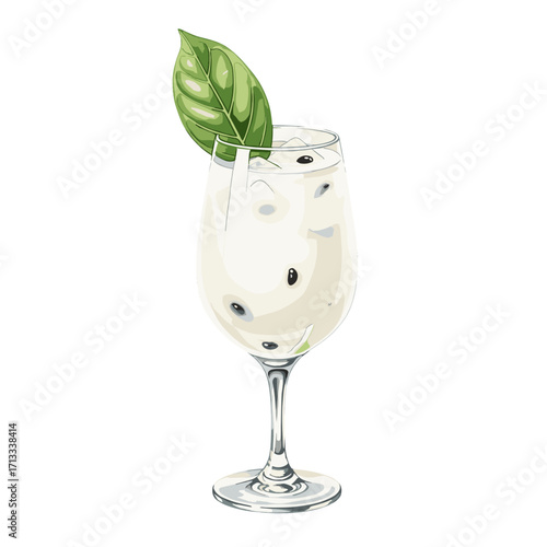 Refreshing creamy white cocktail drink with ice and dark berries, garnished with a fresh green leaf in an elegant wine glass, isolated on a clean white background, hand-drawn illustration.