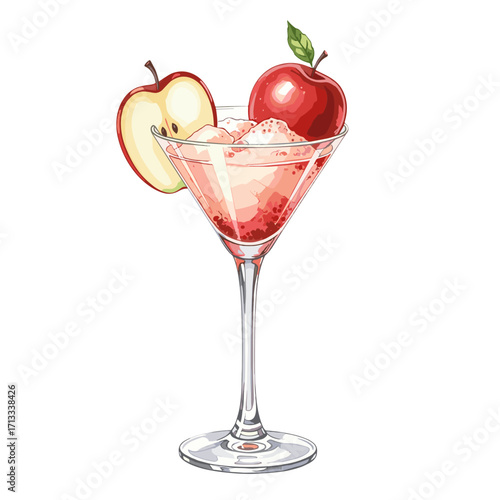 Vibrant watercolor illustration of a refreshing apple cocktail or dessert served in an elegant martini glass, garnished with fresh red apple slices and a whole apple, perfect for autumn beverages.