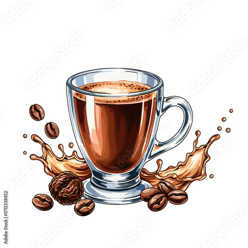 Vibrant vector illustration of a clear glass coffee mug filled with dark brew, surrounded by coffee beans, a walnut, and dynamic splashes