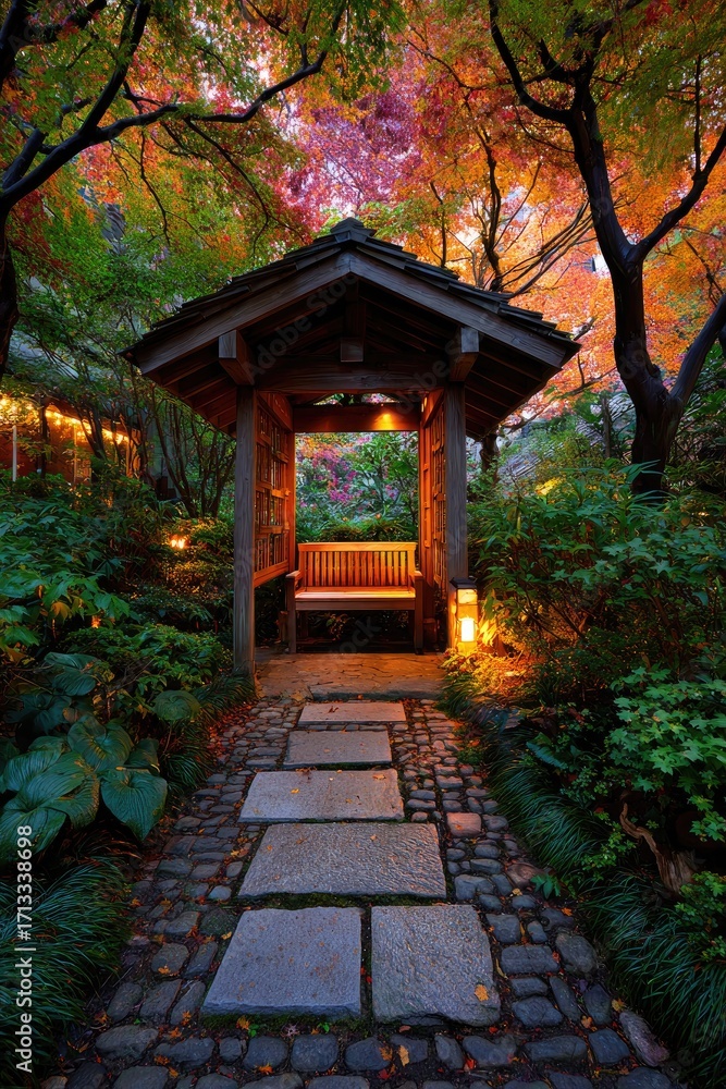 Obraz premium A peaceful wooden gazebo nestled within a tranquil autumn garden, illuminated by warm outdoor lighting, showcasing a pathway of large stones.