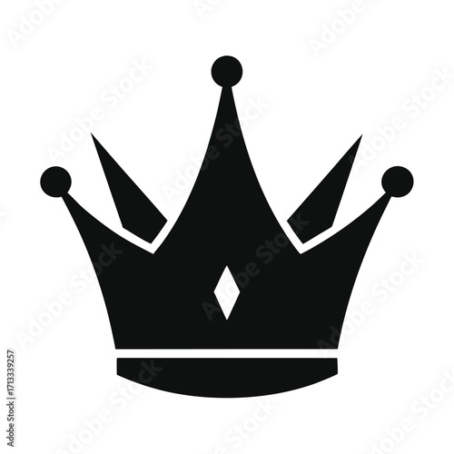Black Silhouette of a Royal Crown with Five Points and a Diamond Accent on a White Background