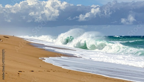 Powerful waves crash against a sandy beach, creating a dramatic coastal scene under a partly cloudy sky.  A solitary figure walks along the shore, observing the powerful ocean display.