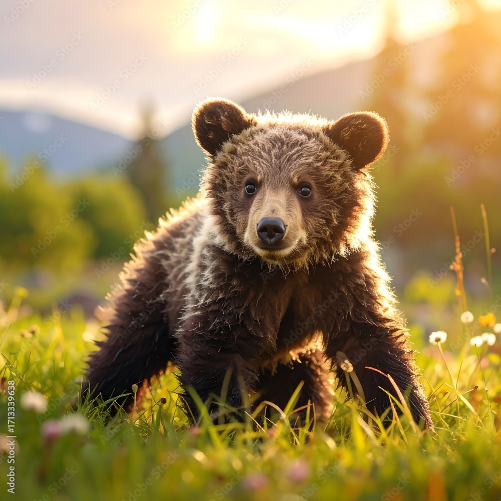 Fototapeta premium A charming young bear cub gazes directly at the camera, bathed in the warm glow of a golden sunset, amidst a field of wildflowers.