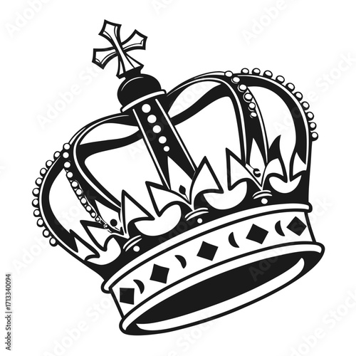Detailed Black and White Crown Illustration Featuring Diamond Shapes and a Cross Finial Keywords: crown, royal, monarchy, king, queen, royalty, symbol, emblem, heraldry, crest, regalia, sovereign