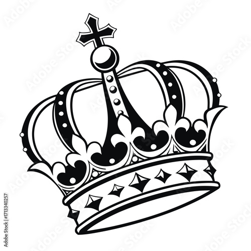 Detailed black and white crown with fleur-de-lis and diamond patterns on white background royal