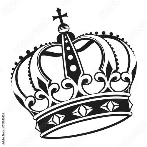 Detailed black and white illustration of an ornate royal crown with a cross on top and intricate scrollwork